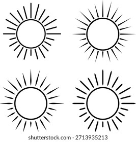 A simple line drawing of four identical suns, each with numerous rays, arranged in two rows on a plain white background