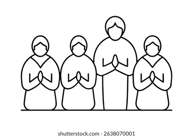 Simple line drawing of four people praying together