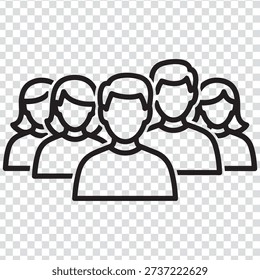 A simple line drawing of four people icons in black outline, two men and two women, on a transparent background with a grey and white checkerboard pattern