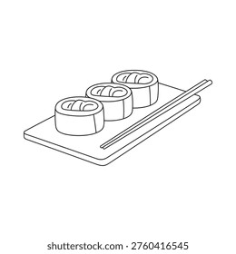 Simple line drawing of four sushi rolls with chopsticks on a tray