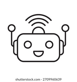 A simple line drawing of a friendly robot head with round eyes, a smiling mouth, and antennas emitting a Wi-Fi signal.