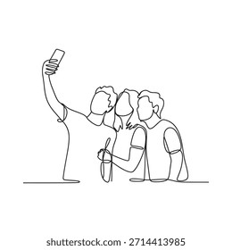 Un simple dibujo de líneas de amigos tomando un selfie juntos