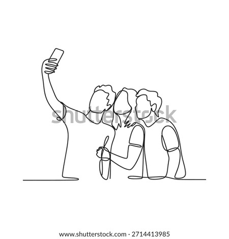 A simple line drawing of friends taking a selfie together
