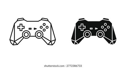 A simple line drawing of a game controller with geometric design, showing buttons, thumbsticks, and directional pad. Perfect for gaming, technology, or digital entertainment themes.