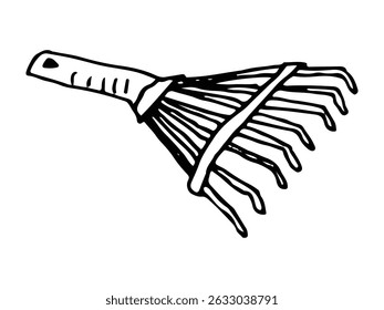 Simple line drawing of a garden rake tool with a detailed handle and tines