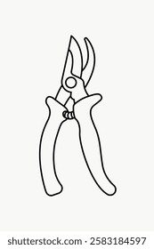 Simple line drawing of garden shears. Black outline of pruning shears. Minimalist illustration of garden tool. Shears for gardening or pruning plants. Line art illustration vector.