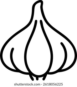 Un dibujo de línea simple de un bulbo de ajo con sus dientes distintos, aislado en una Imagen de fondo blanco limpio