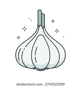 A simple line drawing of a garlic bulb with sparkles around it