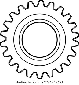 Um desenho de linha simples de uma engrenagem com dentes recortados e um centro circular.