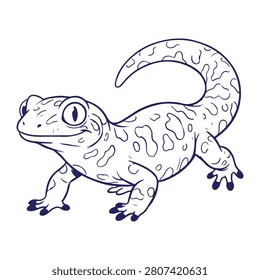 A simple line drawing of a gecko lizard with spots and a curved tail, presented in black and white.