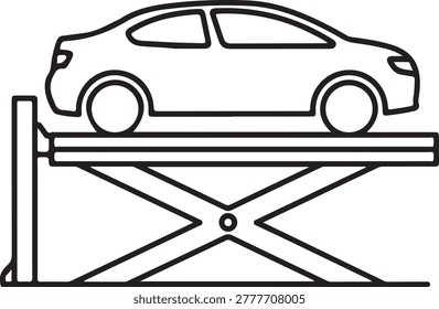 A simple line drawing of a generic passenger vehicle positioned on a two-post maintenance lift with cross support beams, depicted in a minimalist vector style. Ideal for automotive, repair, or industrial design concepts.