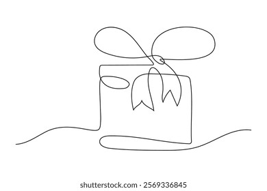 Simple line drawing of a gift box with ribbon and leaves on a plain background