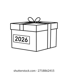 Un simple dibujo de línea de una caja de regalo atada con una cinta, con el número 2026 a su lado.