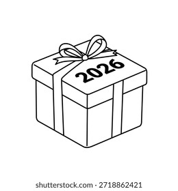 Un simple dibujo de línea de una caja de regalo atada con una cinta, que presenta el año 2026 de manera prominente en su tapa.