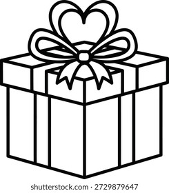 Eine einfache Linienzeichnung einer Geschenkbox mit einem herzförmigen Bogen, die Liebe und Zuneigung am Valentinstag symbolisiert.