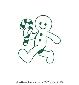 Un simple dibujo de línea de un hombre de jengibre sosteniendo un bastón de caramelo.