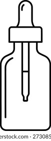 A simple line drawing of a glass dropper bottle containing a small amount of liquid. The bottle is depicted with a dropper lid and is shown against a plain white background.