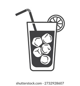 A simple line drawing of a glass filled with ice cubes and a dark beverage, garnished with a lemon slice and straw.