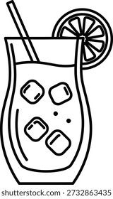 Um desenho de linha simples de um copo com cubos de gelo, uma palha e uma fatia de limão na borda