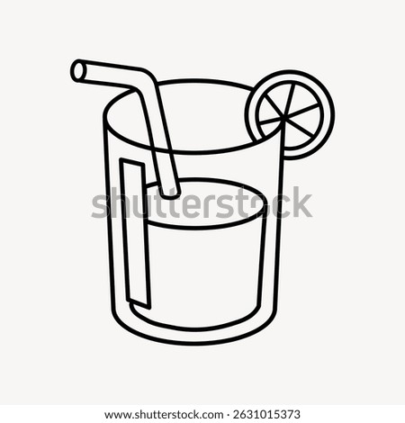 Simple line drawing of a glass with a straw and a lemon slice. The glass, straw, and lemon are outlined in black, creating a minimalist beverage illustration. Cute illustration vector.