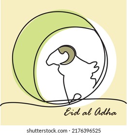 Simple Line drawing of goat and crescent moon. Eid al-Adha simple vector background, web banner with goat sheep and crescent. Vector illustration of Eid al-Adha for greeting card, icon, logo, poster.