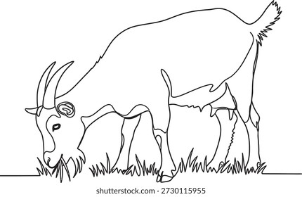 Un dibujo de línea simple de una cabra comiendo hierba en un campo, mostrando sus cuernos distintivos y su postura de pastoreo.
