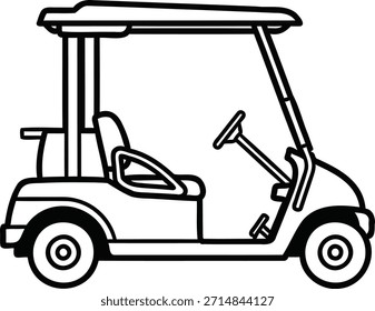 Un simple dibujo de línea de un Carrito de golf visto desde un lado, sobre un fondo blanco liso. El Carrito de golf cuenta con techo, dos Vacantes, volante y dos ruedas.