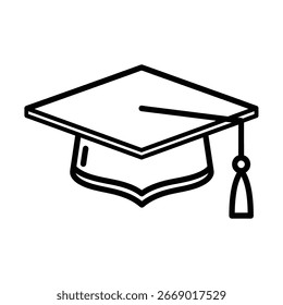Un dibujo de línea simple de un casquillo de la graduación, aislado en un fondo blanco. Perfecto para conceptos de rendimiento educativo o académico. Ilustración en blanco y negro.