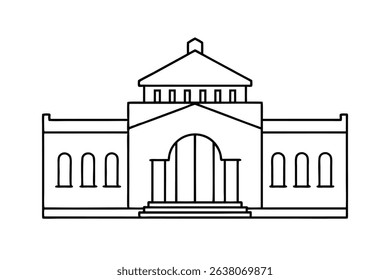Simple line drawing of a grand building with columns and a gable roof