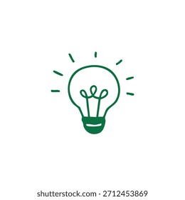 Un simple dibujo de línea de una bombilla verde con líneas radiantes.