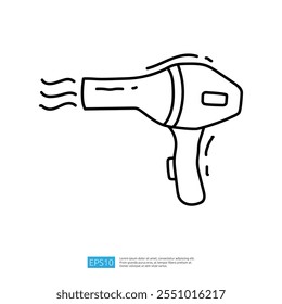 A simple line drawing of a hair dryer, illustrating its shape and design, typically used for drying and styling hair.