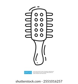 A simple line drawing of a hairbrush with a handle and bristles, designed for grooming and styling hair.