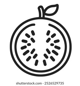 A simple line drawing of a halved fruit with a leaf on top.