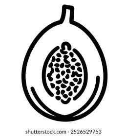 A simple line drawing of a halved papaya showcasing its seeds.