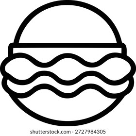 Desenho de linha simples de um ícone de hambúrguer com três pães ondulados e uma forma circular
