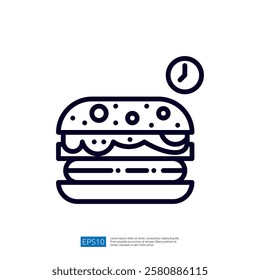 A simple line drawing of a hamburger with toppings and a clock icon, suggesting a focus on food and time, possibly indicating meal planning or fast food.