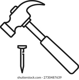Dibujo de línea simple de un martillo y un clavo