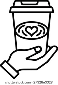 Un dibujo de línea simple de una mano acunando una taza de café desechable con un diseño de corazón en la espuma