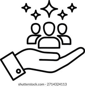 A simple line drawing of a hand with a cuff and button supporting three people icons with sparkles above them, depicted in black lines on a pure white background with a minimalist style