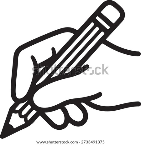 A simple line drawing of a hand grasping a pencil with a detailed outline and shading, on a plain white background