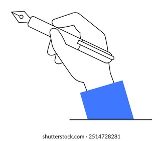 A simple line drawing of a hand gripping a fountain pen. Ideal for writing, creativity, education, professionalism, and communication themes. Clean vector style emphasizes detail.
