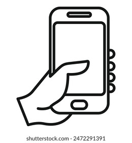Simple line drawing of a hand holding a smartphone and touching the screen