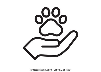 Un simple dibujo de línea de una mano que sostiene una huella de pata.