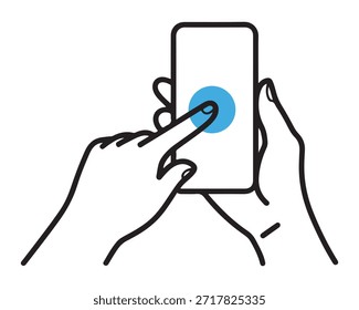Un simple dibujo de línea de una mano sosteniendo un teléfono y tocando la pantalla con el dedo índice
