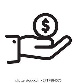 un simple dibujo de línea de una mano que sostiene una sola moneda. La moneda tiene un signo de dólar, indicando la moneda. La mano está dibujada en un estilo minimalista, con la moneda apoyada en la palma.