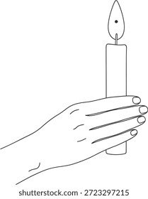 Um simples desenho de linha de uma mão segurando uma vela acesa, exibindo uma aderência delicada e cautelosa para evitar acidentes ou queimaduras, destacando a importância do manuseio cuidadoso do fogo.