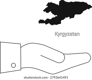A simple line drawing of a hand holding the outline of Kyrgyzstan.
