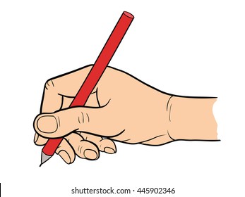 Simple line drawing of hand holding a pen.