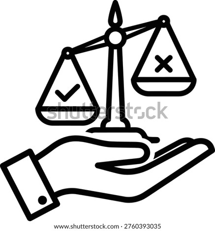 A simple line drawing of a hand holding a balance scale with a checkmark on one side and an X on the other