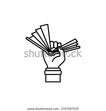A simple line drawing of a hand holding a fan of money bills, representing financial success and prosperity. The illustration is in black and white, with clean lines and a minimalist style. The image can be used to represent concepts such as wealth, economy, business, and finance.